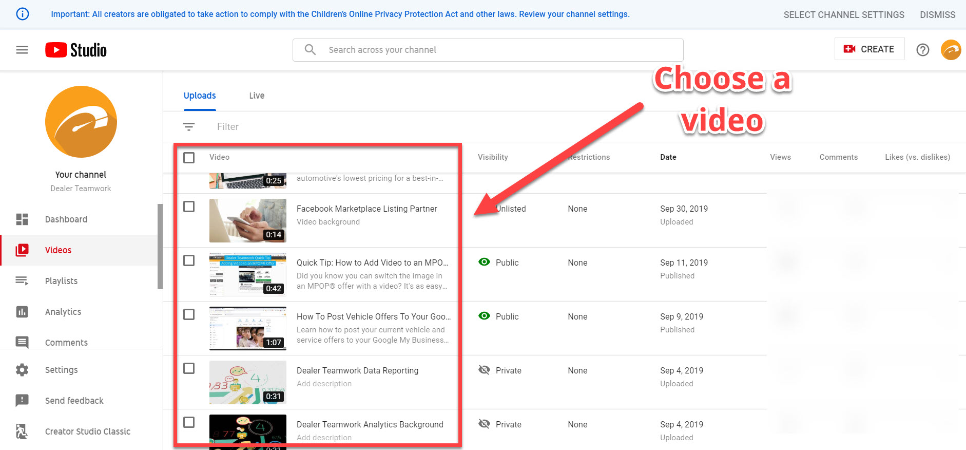 Choose video to edit - YouTube Studio - Dealer Teamwork