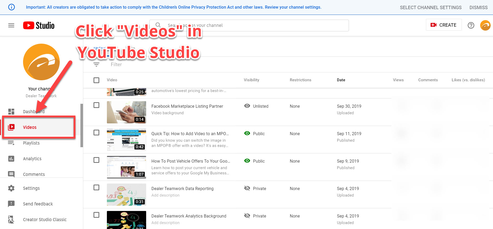 Videos - YouTube Studio - Dealer Teamwork