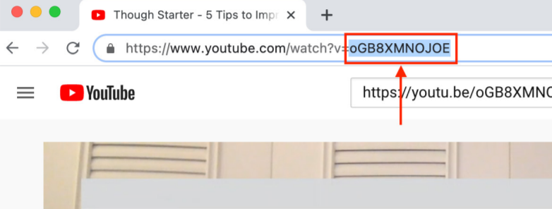Image of YouTube URL with highlights on what information to copy from URL. 