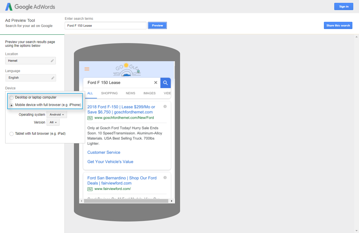 Google Mobile Ad Preview