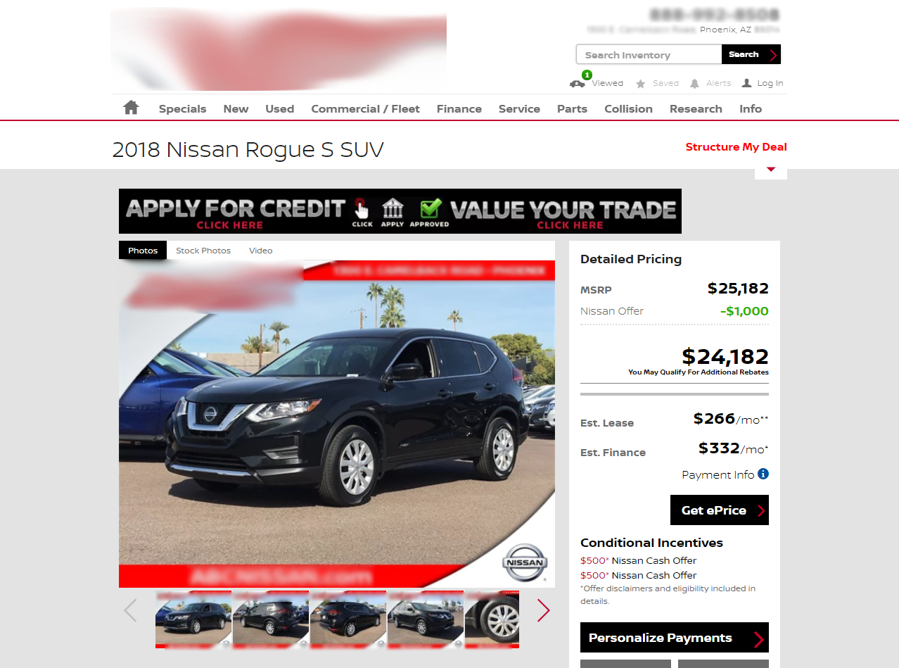 Nissan Rogue Landing Page with Prices