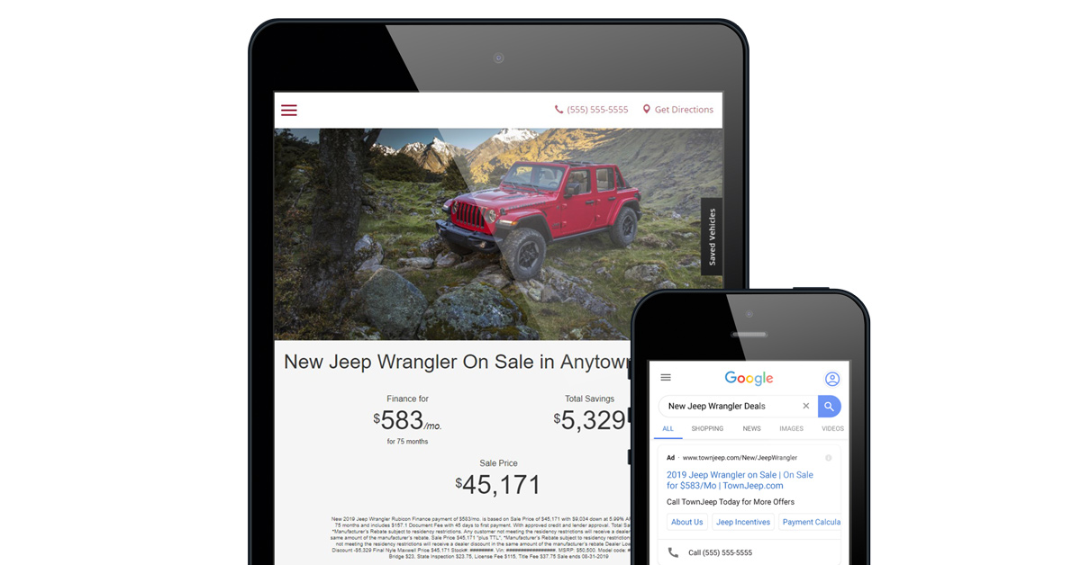 Close up view of Dealer Teamwork landing pages and ads on tablet and mobile phone