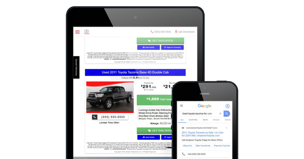 Used vehicle ad and landing page from Dealer Teamwork