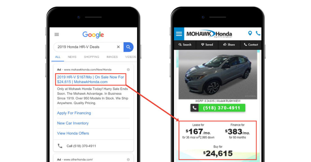 Mohawk Honda Paid Search Ad with Matching Offer to Landing Page