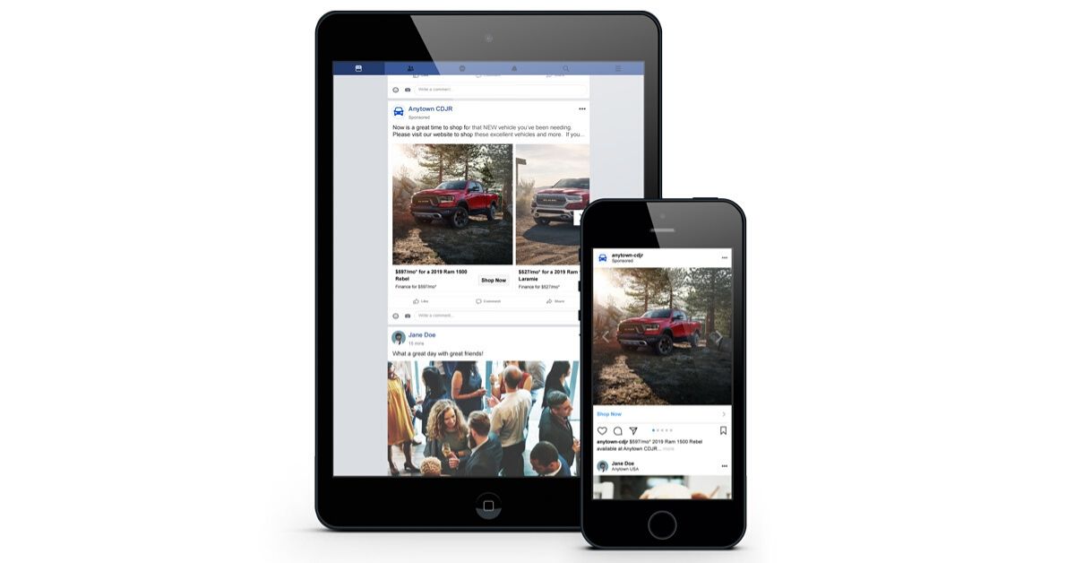 A tablet and mobile phone with a Facebook and Instagram vehicle ad displaying