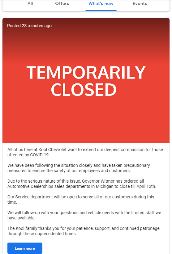Kool Chevrolet Temporarily Closed GMB Post Example