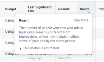 Hovering over metrics in Facebook Ads Manager to learn the definition