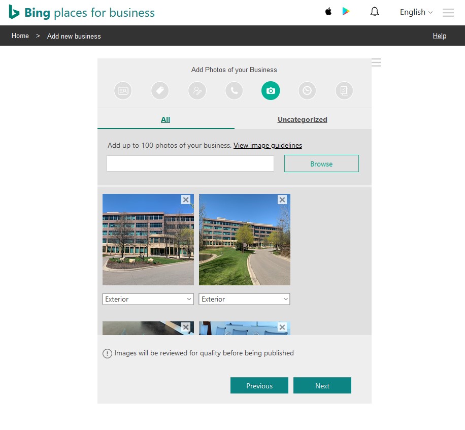 Step 5 of Bing Places listing set up - adding photos of your business