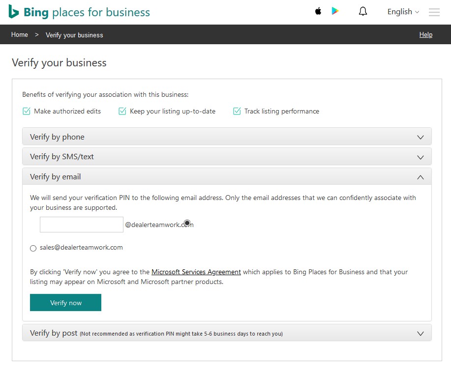 Bing Places Options for Verifying Your Business Listing
