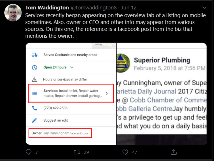 Services and owner names appearing on Google My Business from Facebook