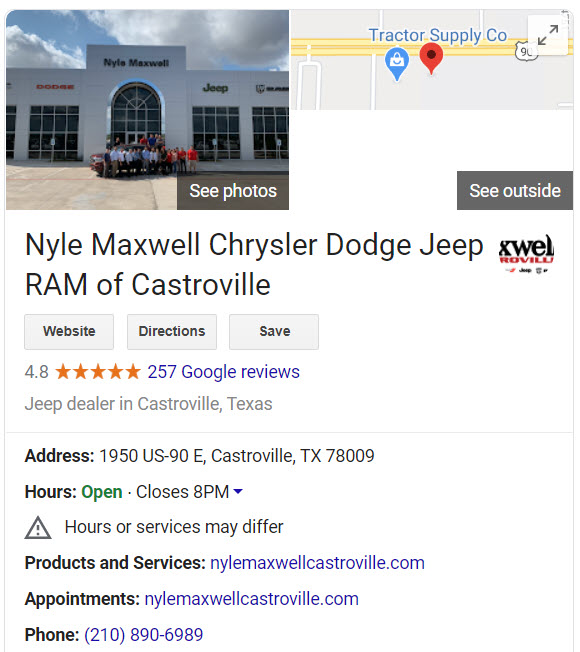 Google My Business profile for Nyle Maxwell of Castroville