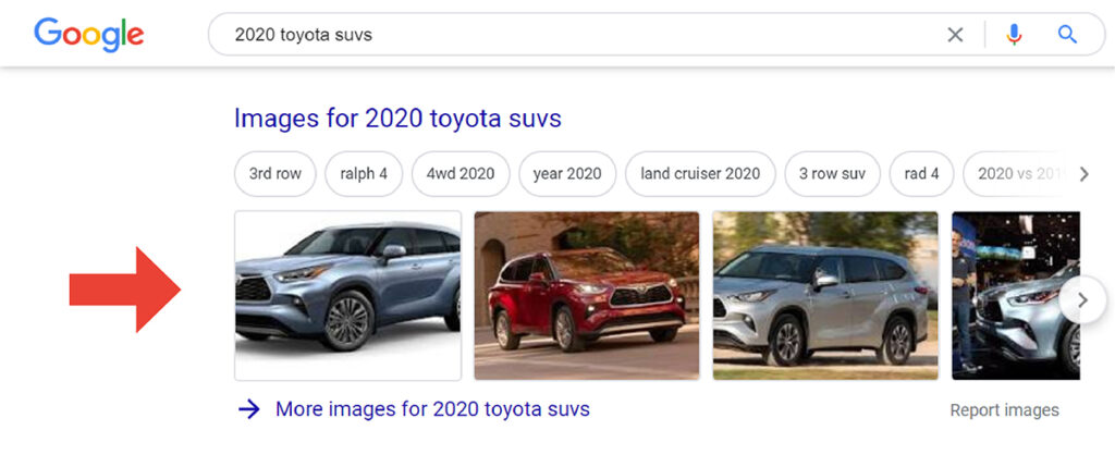 Image pack snippet of 2020 toyota suvs in google serp results