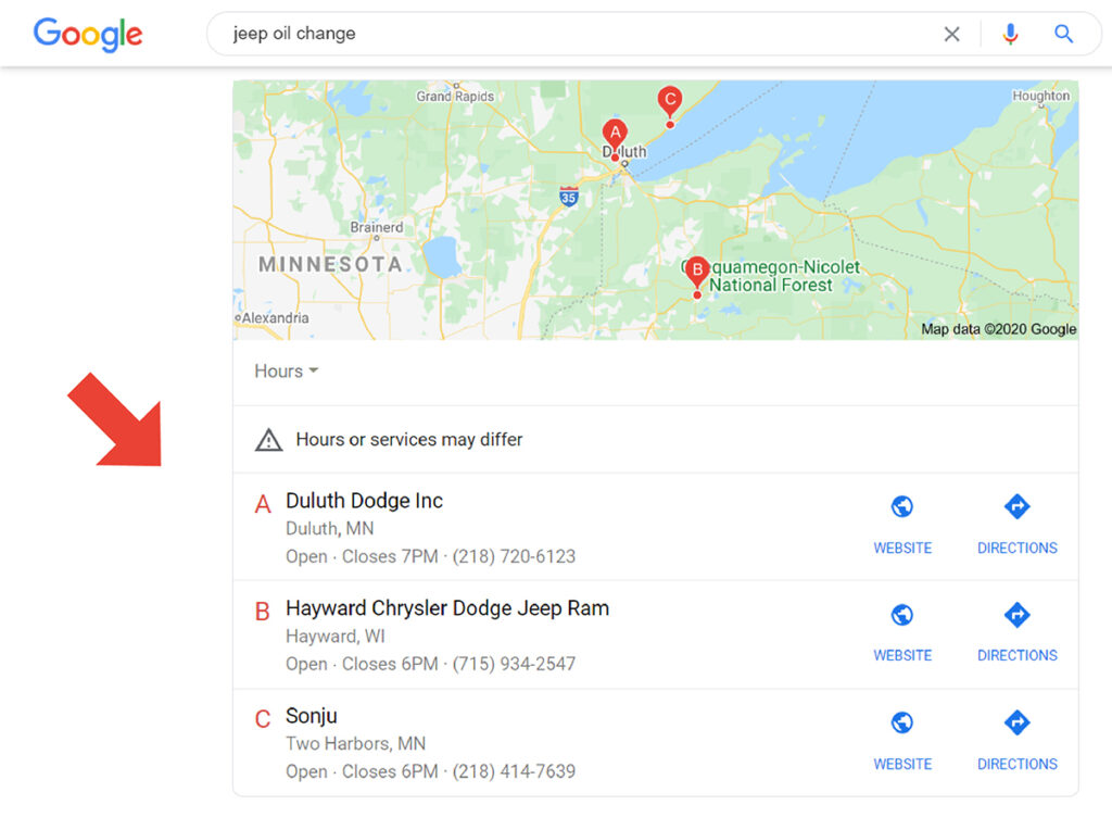 dealership listings in local pack results in a google serp