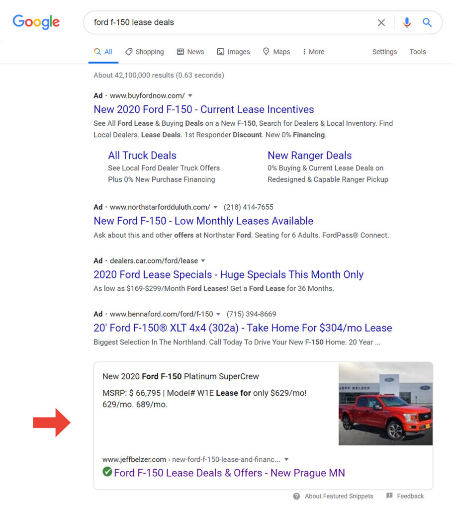 Featured snippet of a ford f-150 lease offer in a google serp