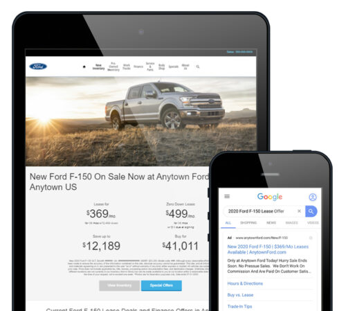 Ford landing page on a tablet and google ad on a phone