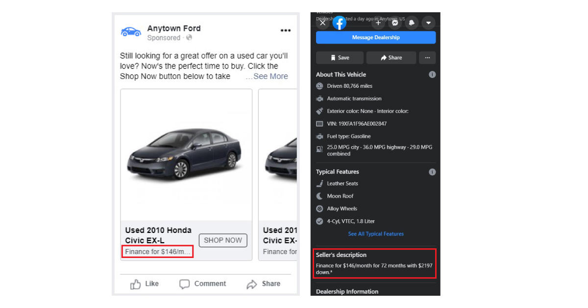 price matching the facebook ad and the facebook vdp