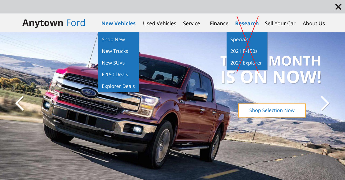 dealership website navigation with an X through duplicate navigation items