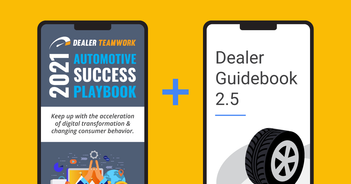 Dealer Teamwork's playbook cover on a phone next to a phone with Dealer Guidebook 2.5 on it
