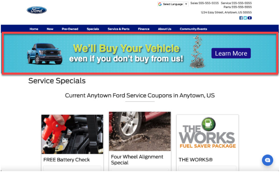 Example showing a buyback banner on a dealership’s Ford service coupons page