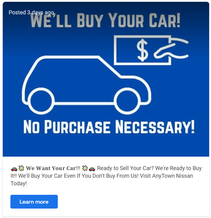 Example of a Sell Your Car to Us GMB Post