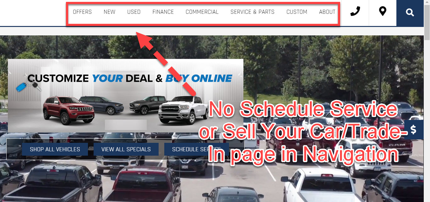 Car dealership's website without trade-in and schedule service links in nav. 
