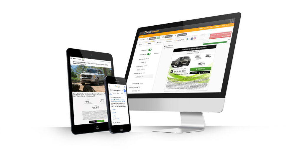 Dealer Teamwork ad landing page and software on devices