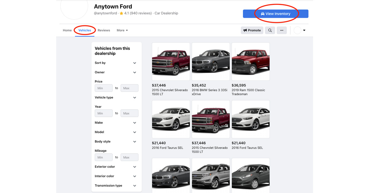 screenshot of inventory tab on a dealership facebook page