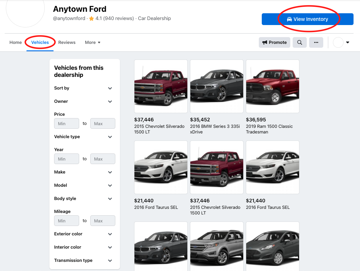 screenshot of inventory tab on a dealership facebook page