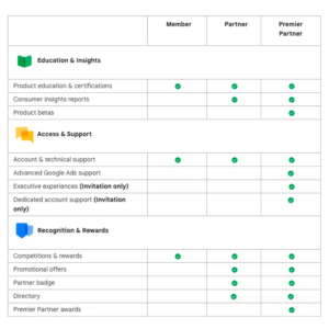 Matrix Grid Chart of the Benefits of Google Partnership